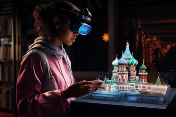 XR education STEM girl concentrate russian building model