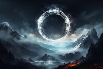 A fantastic landscape with a neon circle. The background is dark. AI