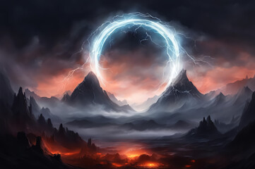 A fantastic landscape with a neon circle. The background is dark. AI