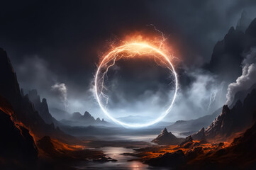 A fantastic landscape with a neon circle. The background is dark. AI