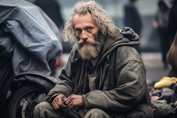 Fototapeta premium Homeless people close-up on city streets, housing problem