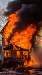 Fire in private house, wooden one-storey house on fire