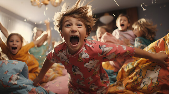 Group of kids in colorful pajamas engaged in a playful pillow fight, capturing the excitement and laughter in a cozy bedroom setting.