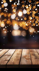 Oak wooden table, empty for mockup, on defocused background with warm and cozy decorated Christmas street with lights and glitter at night.