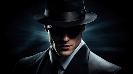 Dark silhouette of a man wearing a suit, hat and glasses at night on a criminal style street. A movie character, detective or spy. Illustration for cover, card, interior design, brochure, presentation