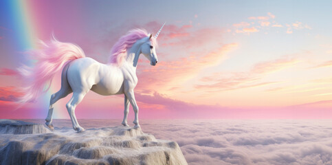 Majestic unicorn on cliffside at sunset, with radiant pink mane billowing in the breeze.