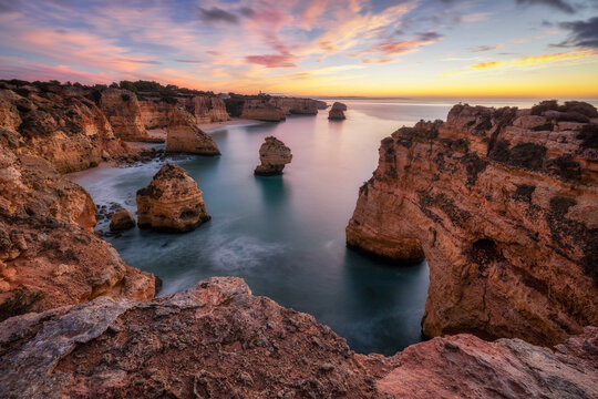 Beautiful sunset on the coast of Portugal in Algarve