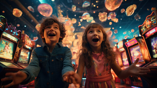 Kids Playing Arcade Games in Retro Outfits: Capture children playing classic arcade games colorful 80s fashion, showcasing the arcade culture of the era