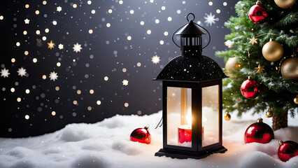 Christmas Tree and Lantern Illuminated in Snowy Winter Landscape
