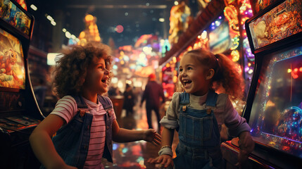 Kids Playing Arcade Games in Retro Outfits: Capture children playing classic arcade games colorful 80s fashion, showcasing the arcade culture of the era - obrazy, fototapety, plakaty