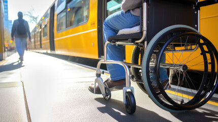 Person in a manual wheelchair waiting at a public transport stop, highlighting urban accessibility and the integration of disability-friendly features in public transportation.