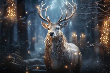 Fantasy image with a deer in the forest. A magic festive reindeer covered in glowing lights in a winter scene 