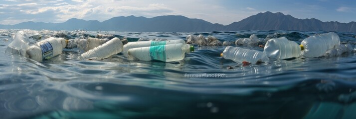 Plastic pollution in the world's oceans, various bottles and bags in the ocean, plastic trash, banner