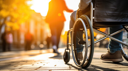 Person in a manual wheelchair waiting at a public transport stop, highlighting urban accessibility and the integration of disability-friendly features in public transportation. - obrazy, fototapety, plakaty