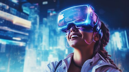 Young woman wearing a VR headset is amazed by the surreal world and virtual reality on the streets of a neon cyberpunk city.