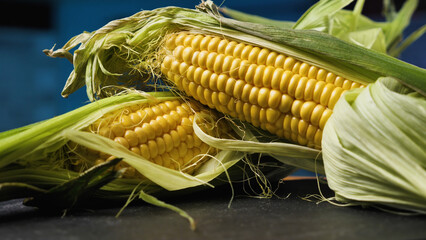 Two appetising cobs of young corn with partially peeled leaves in close-up. Dark blue background....