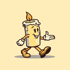 retro cartoon candle character, walking, wearing white gloves, isolated on beige background, generative ai