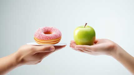 Two hands presenting a choice between a healthy green apple and an unhealthy pink sprinkled donut, symbolizing the concept of dietary decisions.