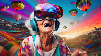 Elderly woman experiences virtual reality, joyful expression, colorful hot air balloons in the sky, vibrant sunset, immersive technology - obrazy, fototapety, plakaty