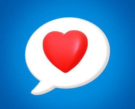 White chat bubble with red heart. Cute 3d icon illustration.