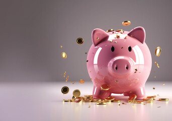 My little pink porcelain piggy bank with gold coins. Ceramic glossy texture and flying around monets. Gray background with copyspace.