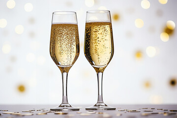 Two glasses of champagne with glitter and bokeh in the background