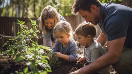 Happy family planting vegetables in the garden at home on a sunny day
