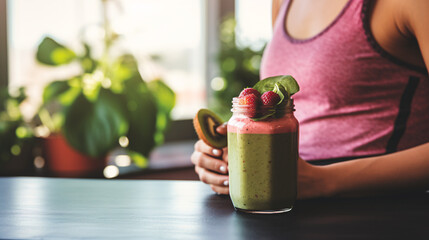 Sporty woman holding glass of green smoothie with raspberries