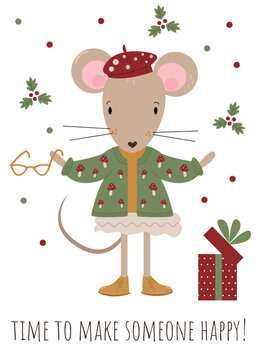 Very cute vector small mouse in funny wear with mushrooms decor had a present for a christmas 