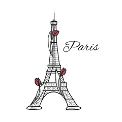 Eiffel Tower with tulip flowers. Vector illustration, line art isolated.