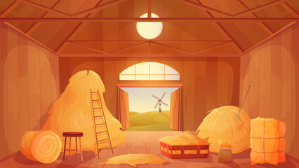 Farm barn interior with hay pile, straw and haystacks inside vector illustration. Cartoon indoor view of old wooden ranch house, hayloft with open gate to countryside fields and windmill, tools © Flash Vector
