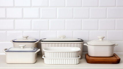 Ceramic baking dishes and casseroles on a clean white tabletop