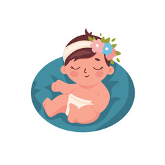 Cute little baby girl in diaper with flower in her hair vector Illustration
