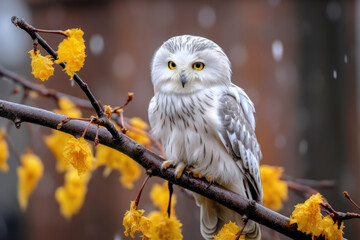A snowy white owl perched on a branch with yellow leaves.