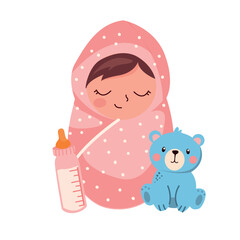 little baby girl sleeping with a bottle of milk, vector Illustration