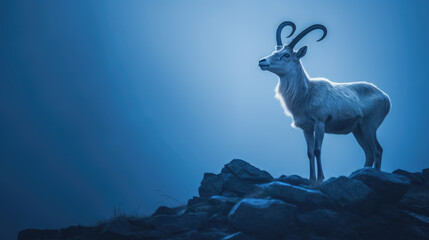 A white mountain goat stands on top of rocks with blue lights around him.