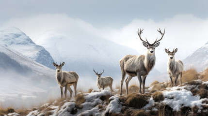 A group of deer is standing on a snow covered mountain.