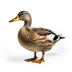 Graceful drake in flight. Colorful waterfowl soaring against. Majestic goose. Lone wild bird standing proudly isolated on studio white background