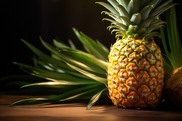 Fresh pineapple, tropical and organic, with sweet flavor, displayed on a wooden surface.