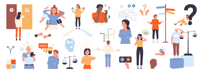 Psychology of choice set vector illustration. Cartoon isolated confused male and female characters make decision, choose right door and path, find direction to success change and future opportunity