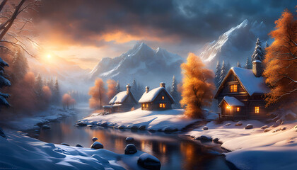 Fototapeta premium Calming winter landscape with snowfall and blizzard, beautiful photo wallpaper, winter theme,