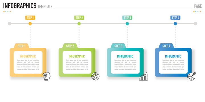 Folder horizontal mind map infographic template or element with 4 step, process, option, colorful rectangle button, label, icons, paper origami, minimal, modern style for sale slide flowchart schedule