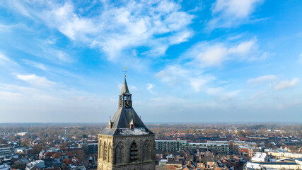 aerial photo of a church tower