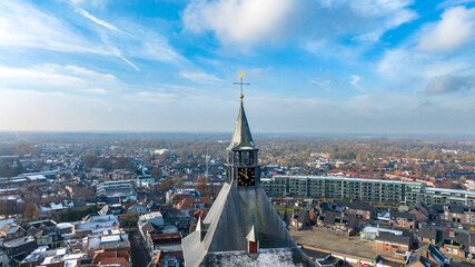 aerial photo of a church tower