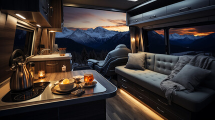 Luxury interior design of modern motorhome on the background of the night rocky mountains - obrazy, fototapety, plakaty