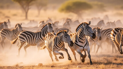 A herd of zebras running in the African savanna at sunrise or sunset, kicking up dust as they go - obrazy, fototapety, plakaty