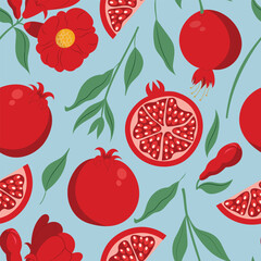 Seamless pattern with pomegranate, whole and sliced, with leaves and flowers on a blue background
