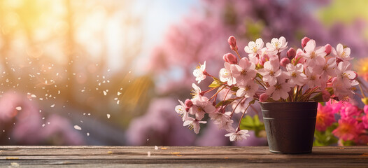 Fondo natural floral de primavera con una tabla de madera en primer plano y  planta de cerezo en flor , con fondo de arboles y naturaleza desenfocado - obrazy, fototapety, plakaty