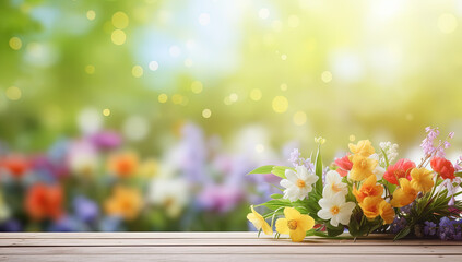 Fondo natural floral de primavera con una tabla de madera en primer plano y flores desenfocadas en un campo  - obrazy, fototapety, plakaty