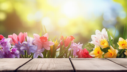 Fondo natural floral de primavera con una tabla de madera en primer plano vacia y flores desenfocadas en un campo  - obrazy, fototapety, plakaty